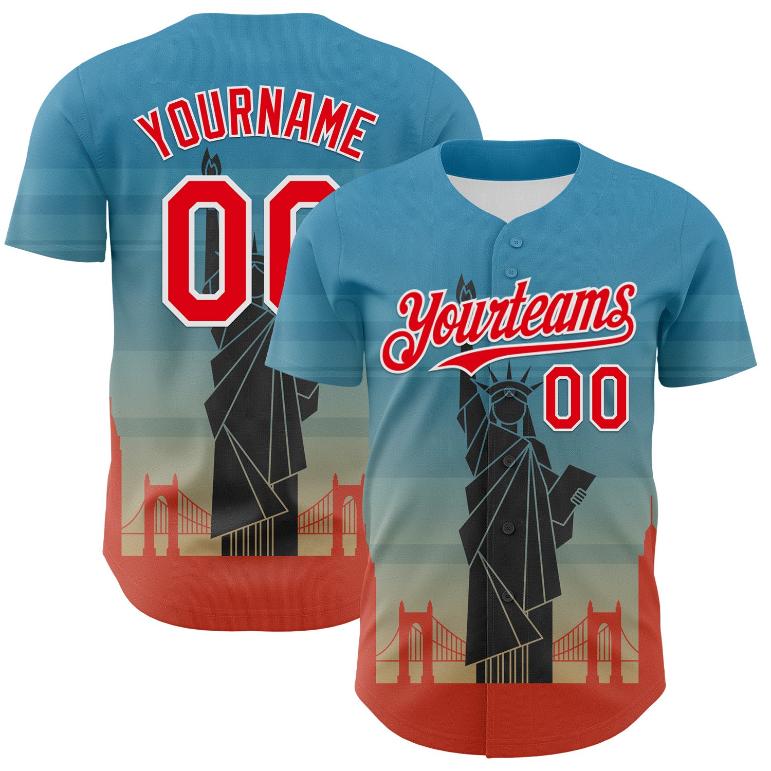 Custom Blue Fire Red-White 3D Pattern Design Patriotic American Symbol Golden Gate Bridge And Statue of Liberty Authentic Baseball Jersey