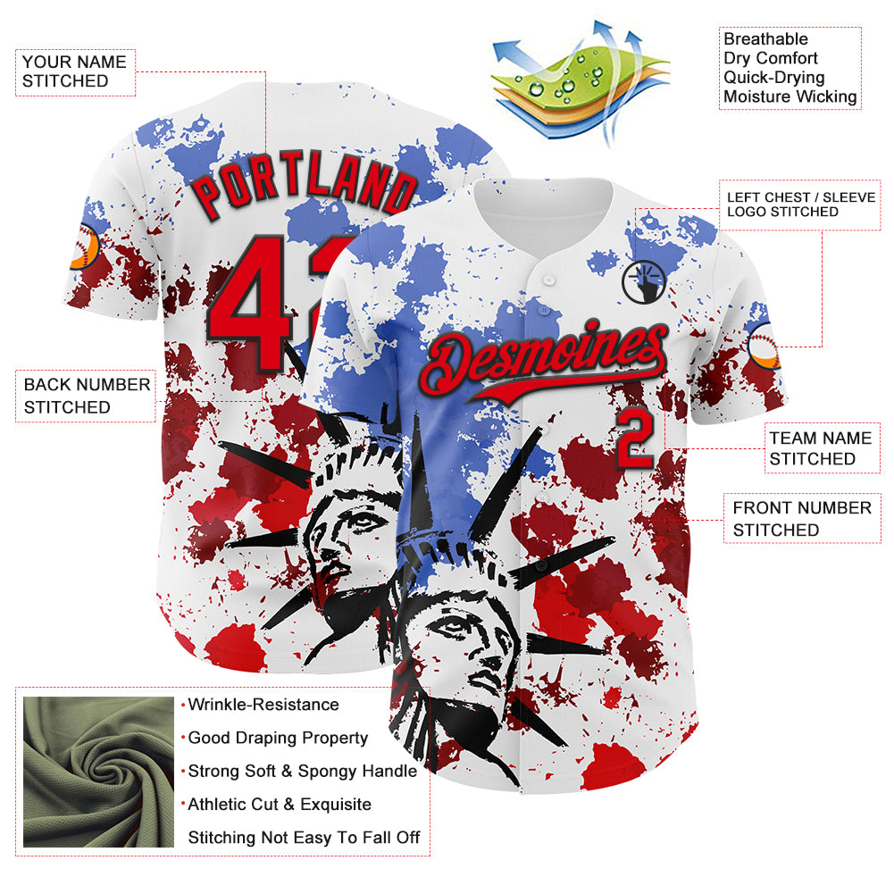 Custom White Fire Red-Black 3D Patriotic American Flag And Splatter Statue of Liberty Authentic Baseball Jersey