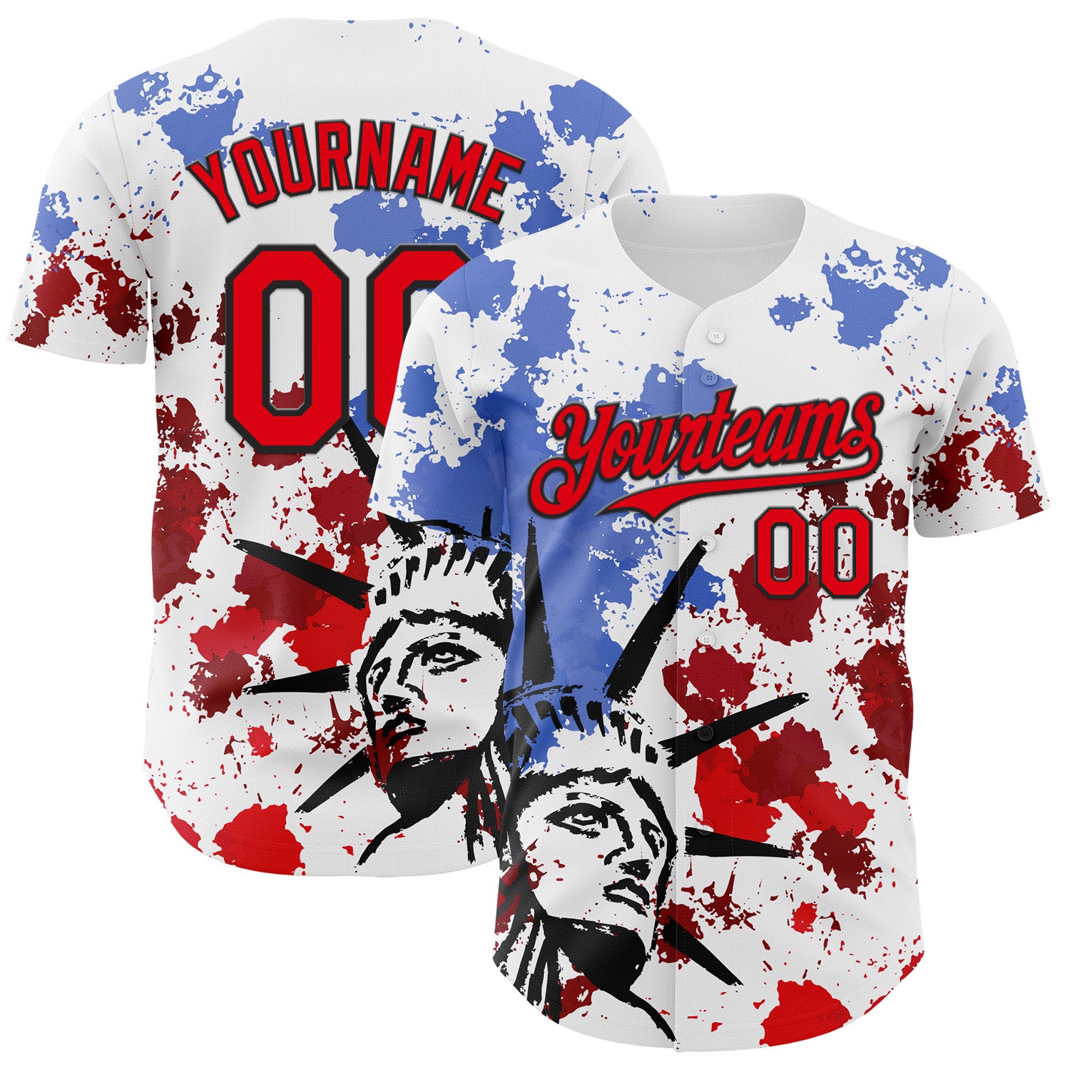 Custom White Fire Red-Black 3D Patriotic American Flag And Splatter Statue of Liberty Authentic Baseball Jersey