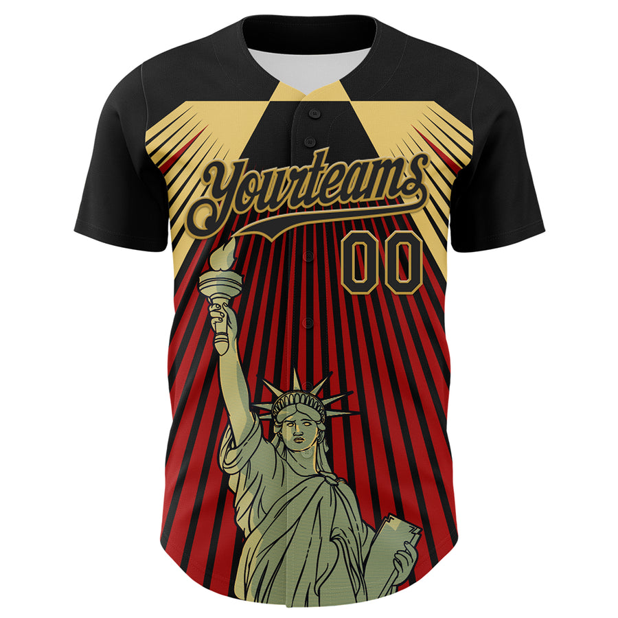 Custom Black Red-Old Gold 3D Pattern Design Patriotic American Symbol Statue of Liberty Authentic Baseball Jersey
