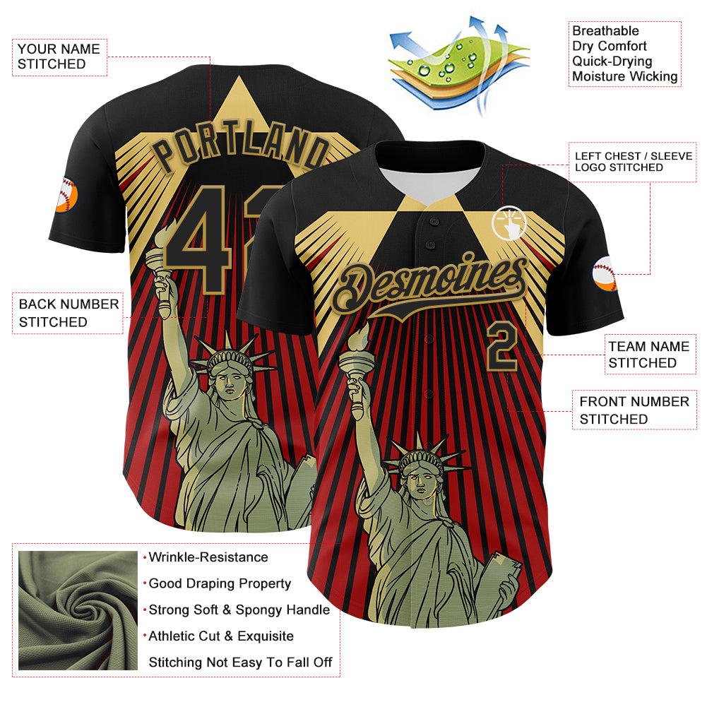 Custom Black Red-Old Gold 3D Pattern Design Patriotic American Symbol Statue of Liberty Authentic Baseball Jersey