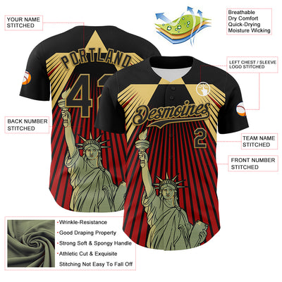 Custom Black Red-Old Gold 3D Pattern Design Patriotic American Symbol Statue of Liberty Authentic Baseball Jersey