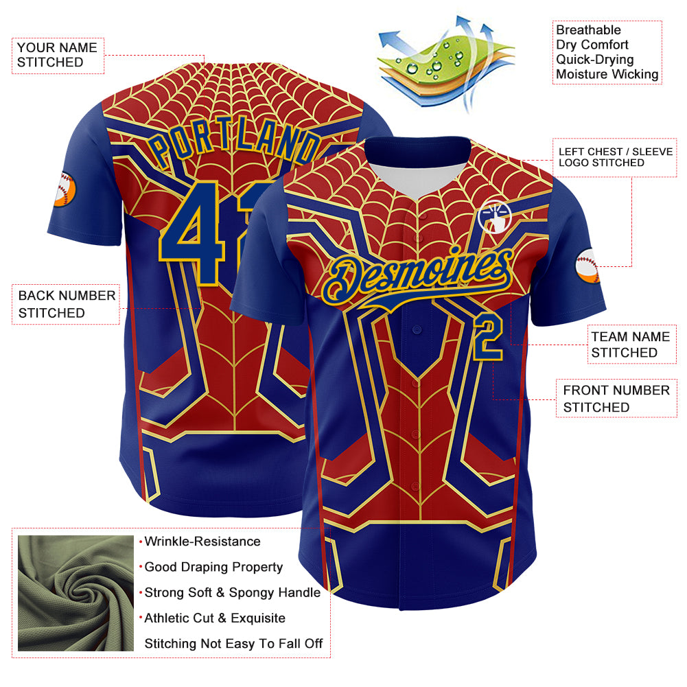 Custom Royal Yellow 3D Pattern Design Superhero Spiderman Authentic Baseball Jersey