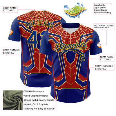Custom Royal Yellow 3D Pattern Design Superhero Spiderman Authentic Baseball Jersey