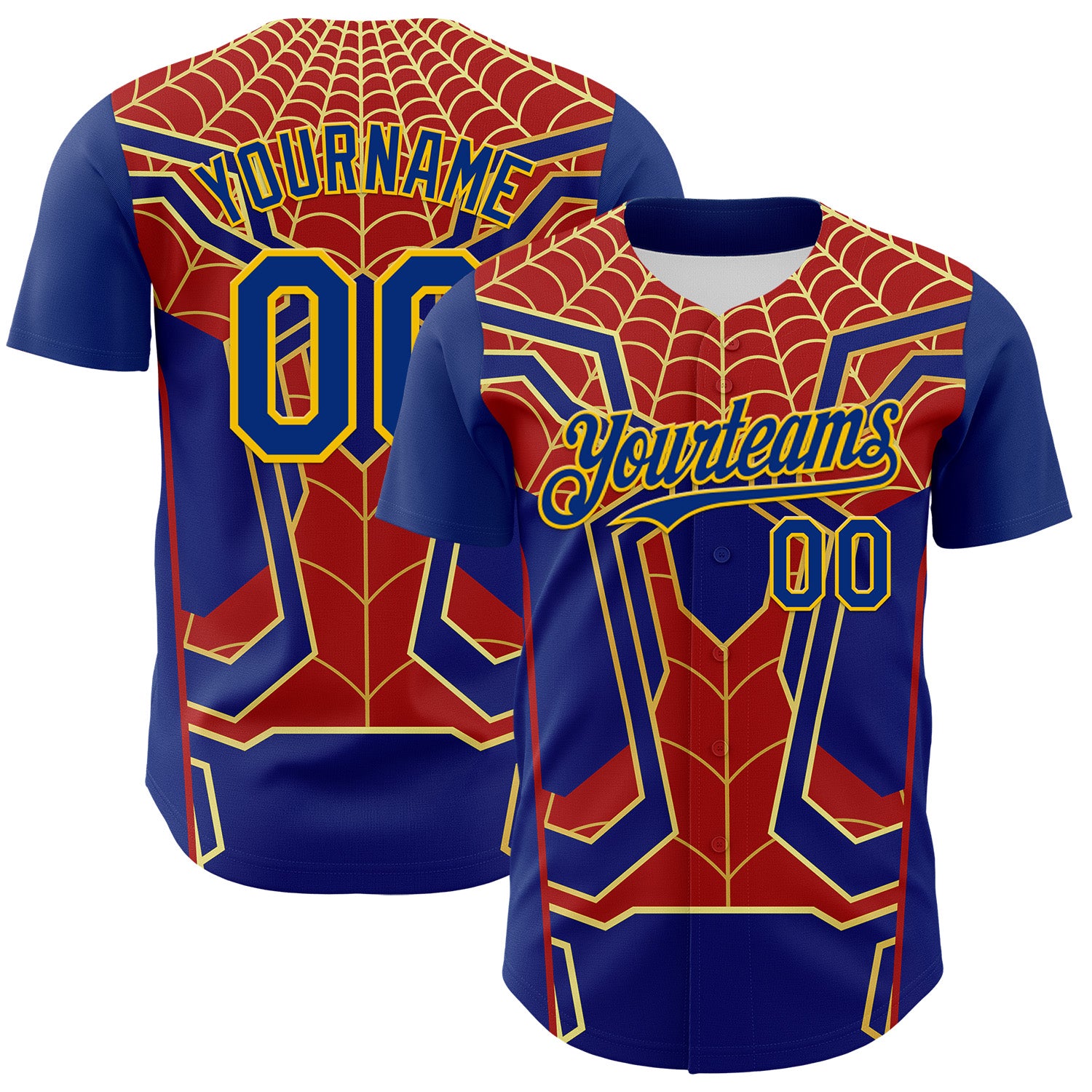 Custom Royal Yellow 3D Pattern Design Superhero Spiderman Authentic Baseball Jersey