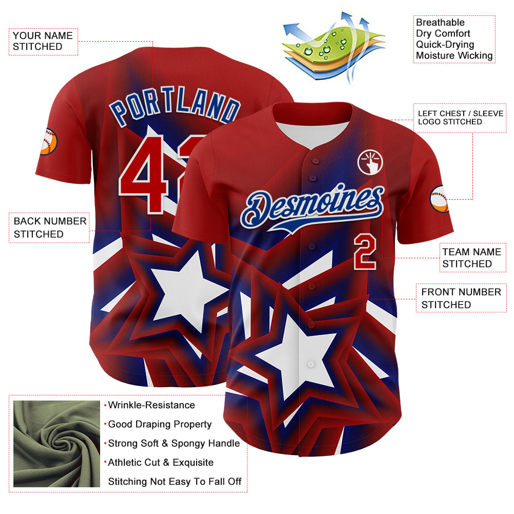 Custom Red Royal-White 3D Patriotic American Flag And Star Authentic Baseball Jersey