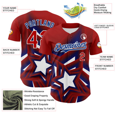 Custom Red Royal-White 3D Patriotic American Flag And Star Authentic Baseball Jersey