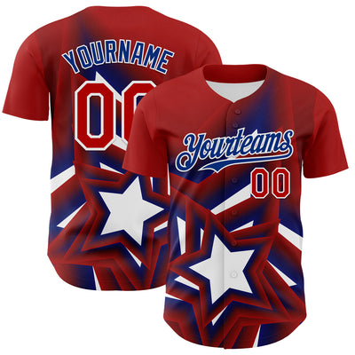 Custom Red Royal-White 3D Patriotic American Flag And Star Authentic Baseball Jersey
