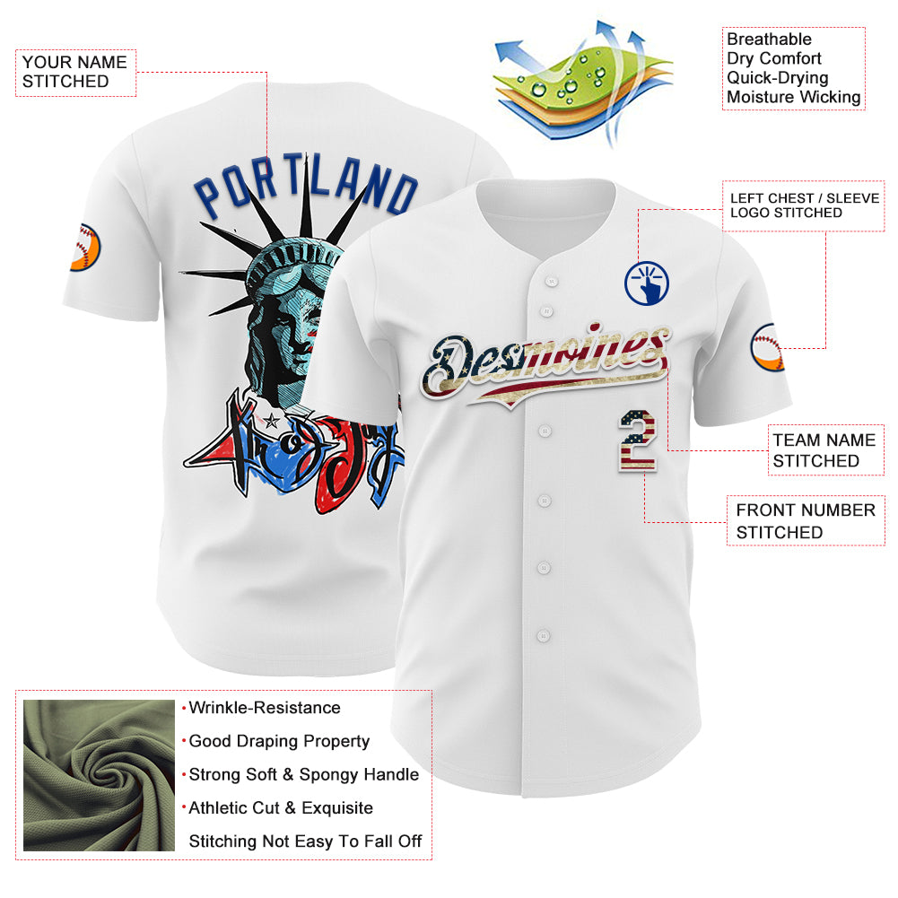 Custom White Vintage USA Flag-Royal 3D Patriotic Statue of Liberty Authentic Baseball Jersey