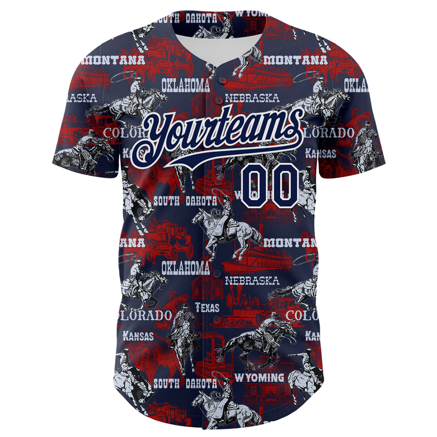 Custom Navy White 3D Pattern Design Patriotic American Spirit Rodeo Cowboy Authentic Baseball Jersey
