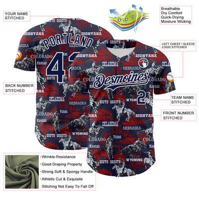 Custom Navy White 3D Pattern Design Patriotic American Spirit Rodeo Cowboy Authentic Baseball Jersey
