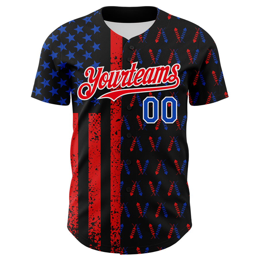 Custom Black Thunder Blue Fire Red-White 3D Patriotic American Flag Authentic Baseball Jersey