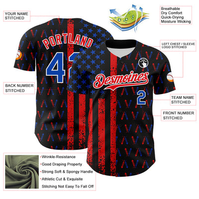 Custom Black Thunder Blue Fire Red-White 3D Patriotic American Flag Authentic Baseball Jersey
