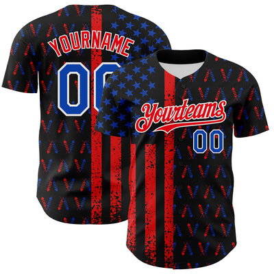 Custom Black Thunder Blue Fire Red-White 3D Patriotic American Flag Authentic Baseball Jersey