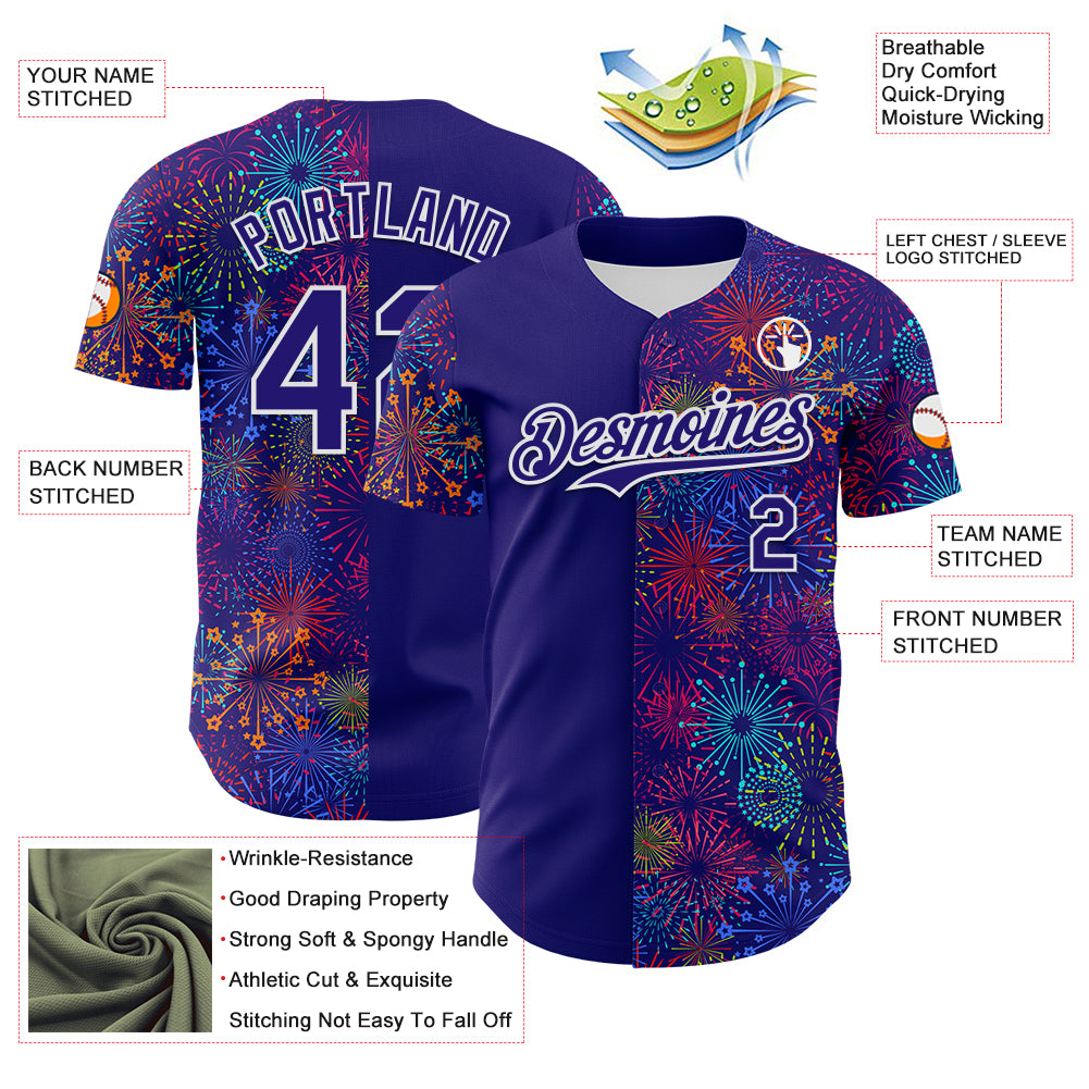 Custom Dark Purple White 3D Pattern Design Patriotic American Spirit Firework Authentic Baseball Jersey