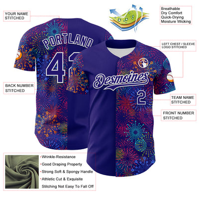 Custom Dark Purple White 3D Pattern Design Patriotic American Spirit Firework Authentic Baseball Jersey