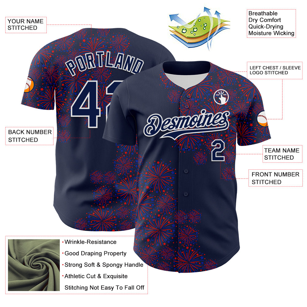 Custom Navy White 3D Pattern Design Patriotic American Spirit Firework Authentic Baseball Jersey