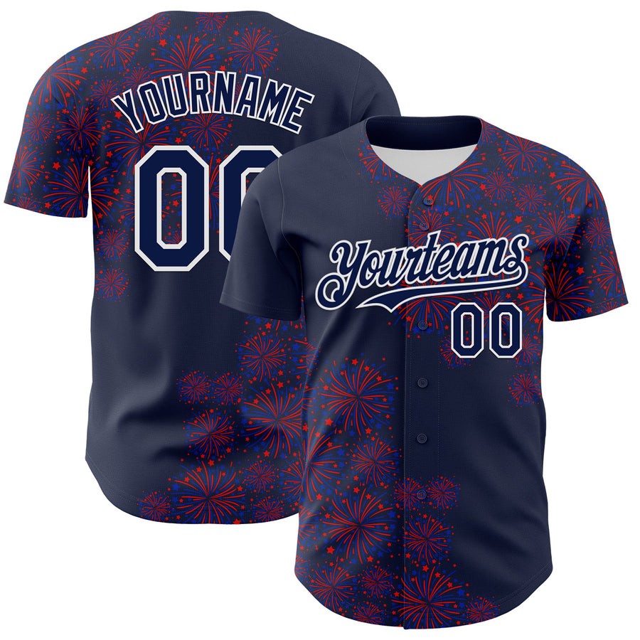 Custom Navy White 3D Pattern Design Patriotic American Spirit Firework Authentic Baseball Jersey