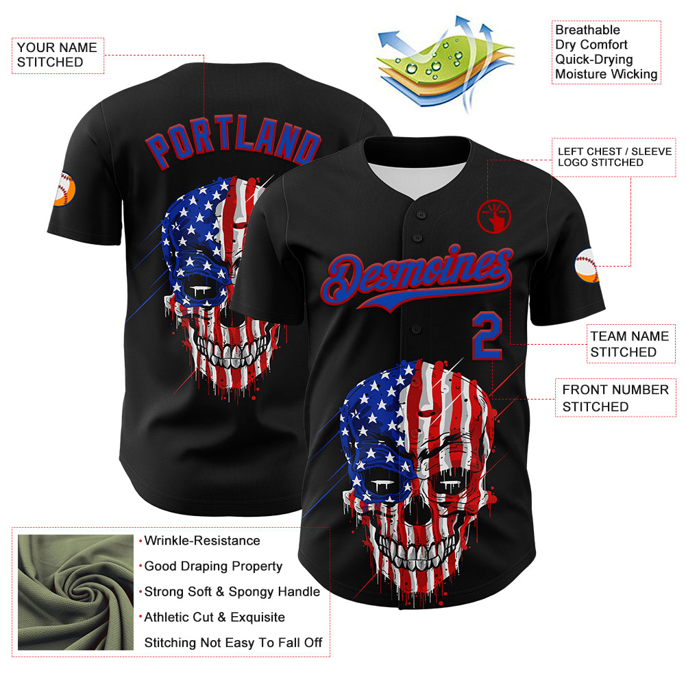 Custom Black Thunder Blue-Red 3D Patriotic Skull American Flag Authentic Baseball Jersey