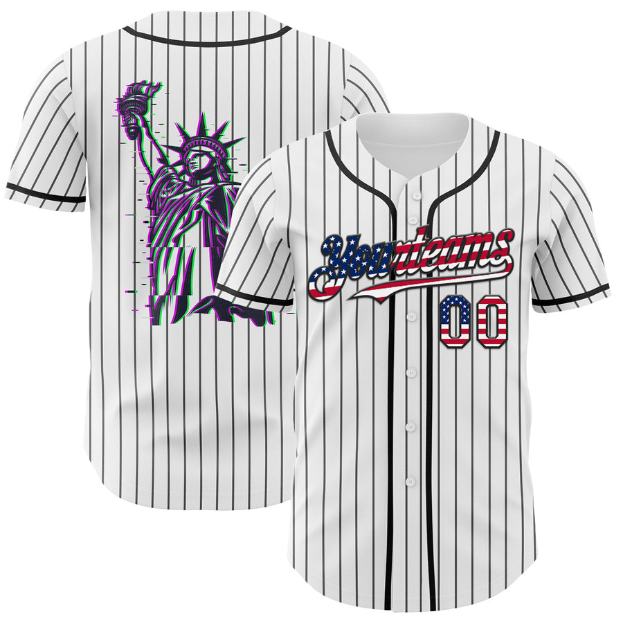 Custom White Gray Pinstripe USA Flag-Black 3D Patriotic American Symbol Statue of Liberty Authentic Baseball Jersey