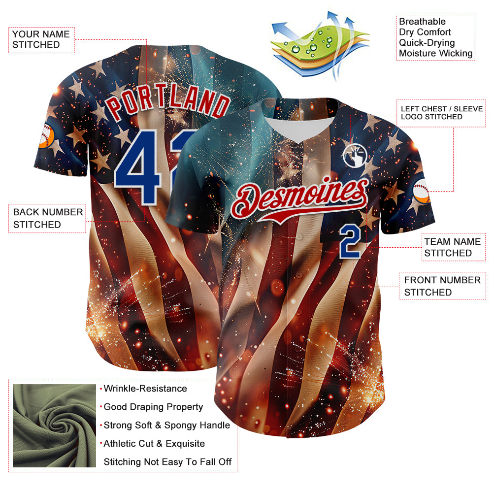 Custom Blue Royal Red-White 3D Patriotic American Flag Authentic Baseball Jersey