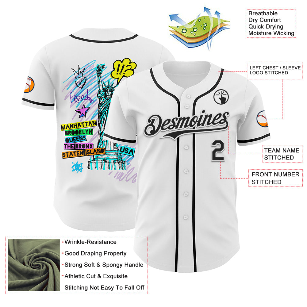 Custom White Black 3D Pattern Design Patriotic American Symbol Statue of Liberty Authentic Baseball Jersey
