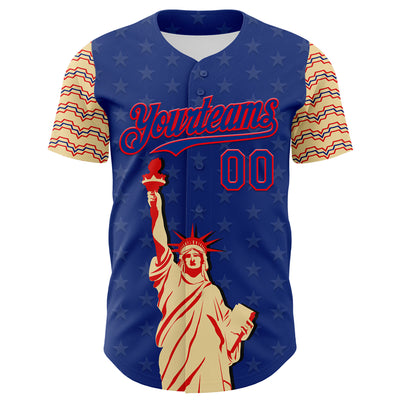 Custom Royal Fire Red-Cream 3D Pattern Design Patriotic American Symbol Statue of Liberty Authentic Baseball Jersey