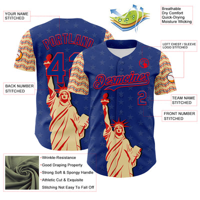 Custom Royal Fire Red-Cream 3D Pattern Design Patriotic American Symbol Statue of Liberty Authentic Baseball Jersey