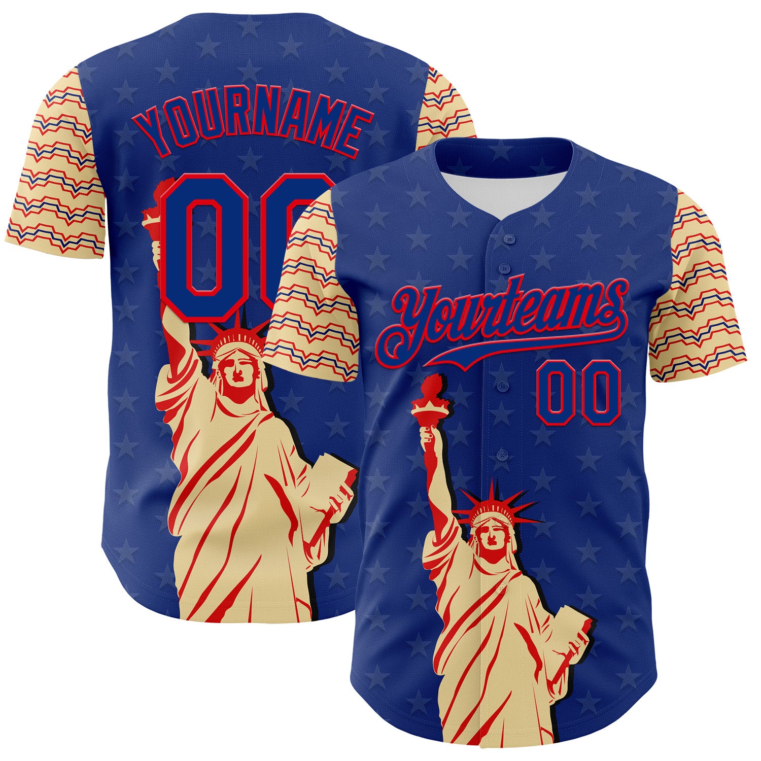 Custom Royal Fire Red-Cream 3D Pattern Design Patriotic American Symbol Statue of Liberty Authentic Baseball Jersey