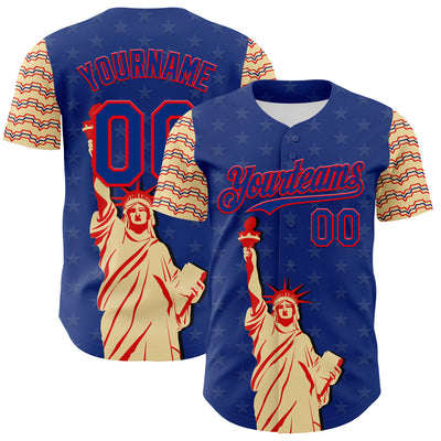 Custom Royal Fire Red-Cream 3D Pattern Design Patriotic American Symbol Statue of Liberty Authentic Baseball Jersey