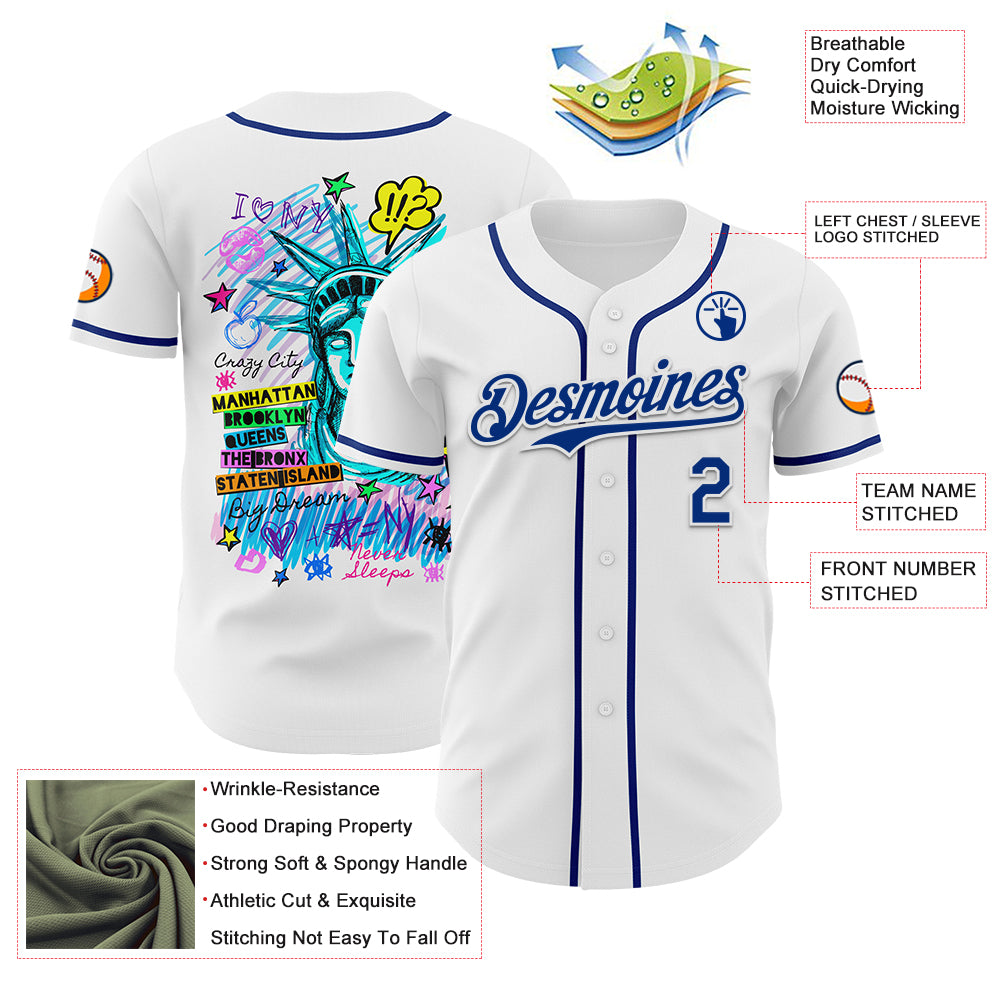 Custom White Royal 3D Pattern Design Patriotic American Symbol Statue of Liberty Authentic Baseball Jersey