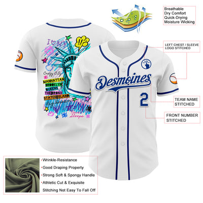 Custom White Royal 3D Pattern Design Patriotic American Symbol Statue of Liberty Authentic Baseball Jersey