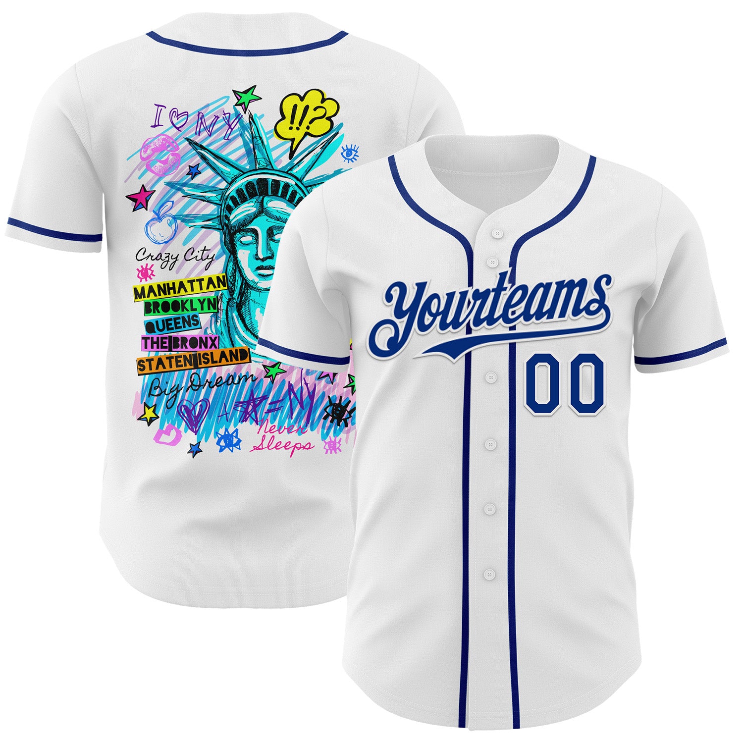 Custom White Royal 3D Pattern Design Patriotic American Symbol Statue of Liberty Authentic Baseball Jersey