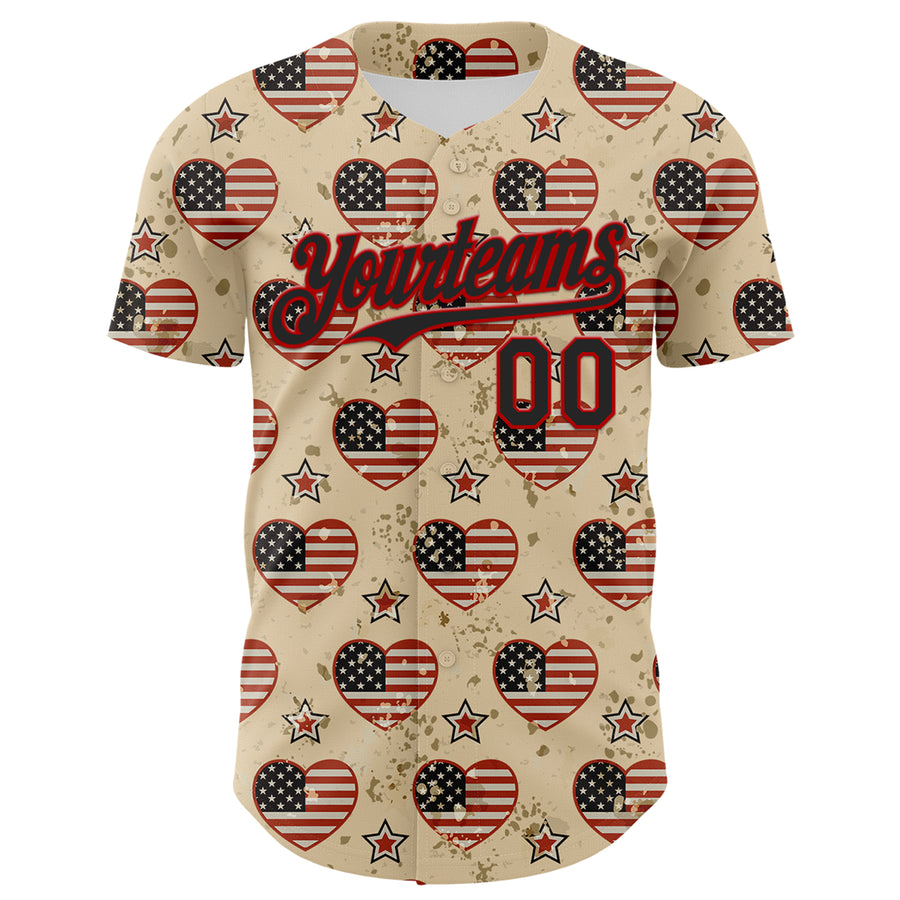 Custom City Cream Black-Red 3D Patriotic American Flag Authentic Baseball Jersey