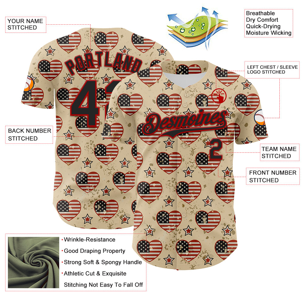 Custom City Cream Black-Red 3D Patriotic American Flag Authentic Baseball Jersey