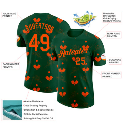 Custom Green Orange 3D Pickleball Paddles Balls Floral Performance T-Shirt