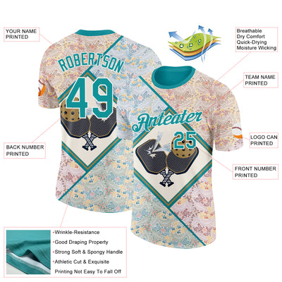 Custom Cream Teal-White 3D Pickleball Paddles Balls Floral Performance T-Shirt