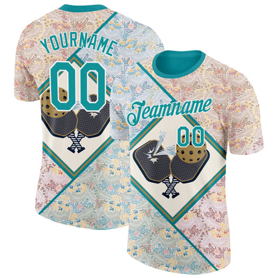 Custom Cream Teal-White 3D Pickleball Paddles Balls Floral Performance T-Shirt