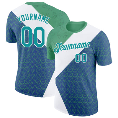 Custom Green Teal Blue-White 3D Pickleball Paddles Balls Performance T-Shirt