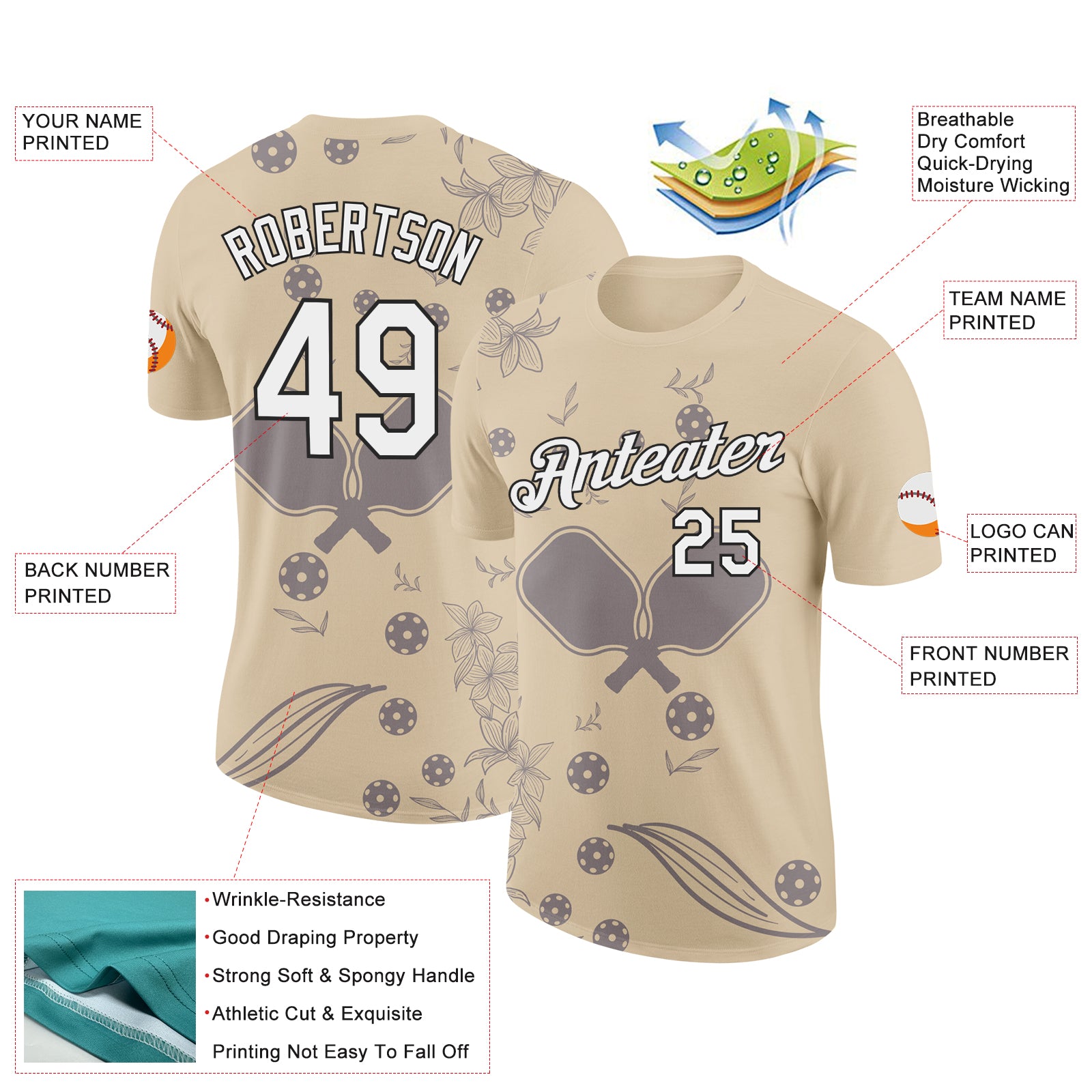 Custom City Cream White-Black 3D Pickleball Paddles Balls Floral Performance T-Shirt