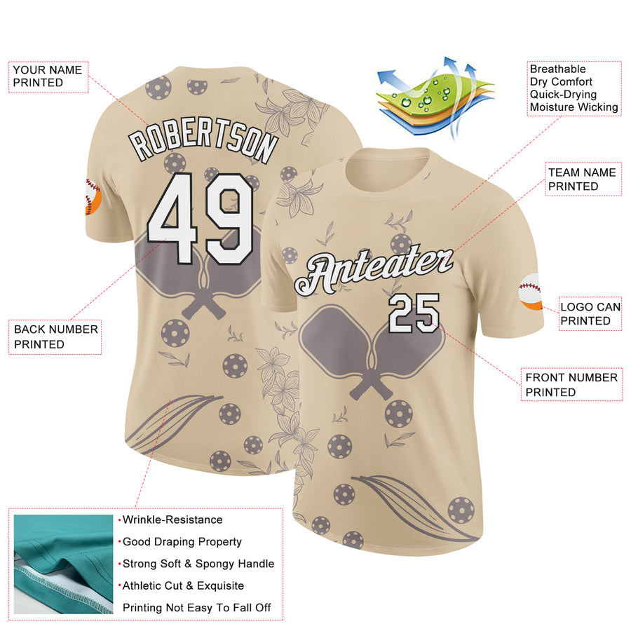 Custom City Cream White-Black 3D Pickleball Paddles Balls Floral Performance T-Shirt