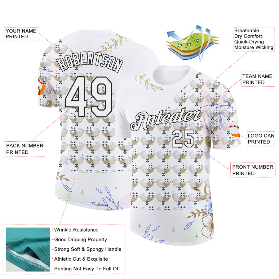 Custom White Black 3D Pickleball Paddles Balls Floral Performance T-Shirt