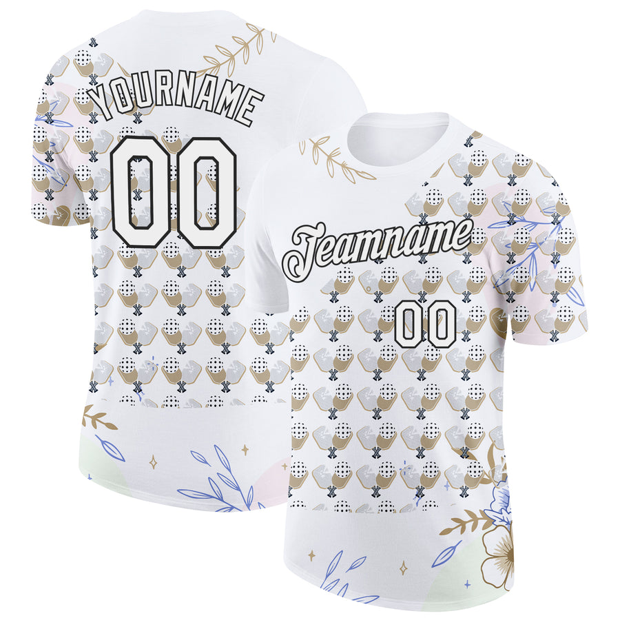 Custom White Black 3D Pickleball Paddles Balls Floral Performance T-Shirt
