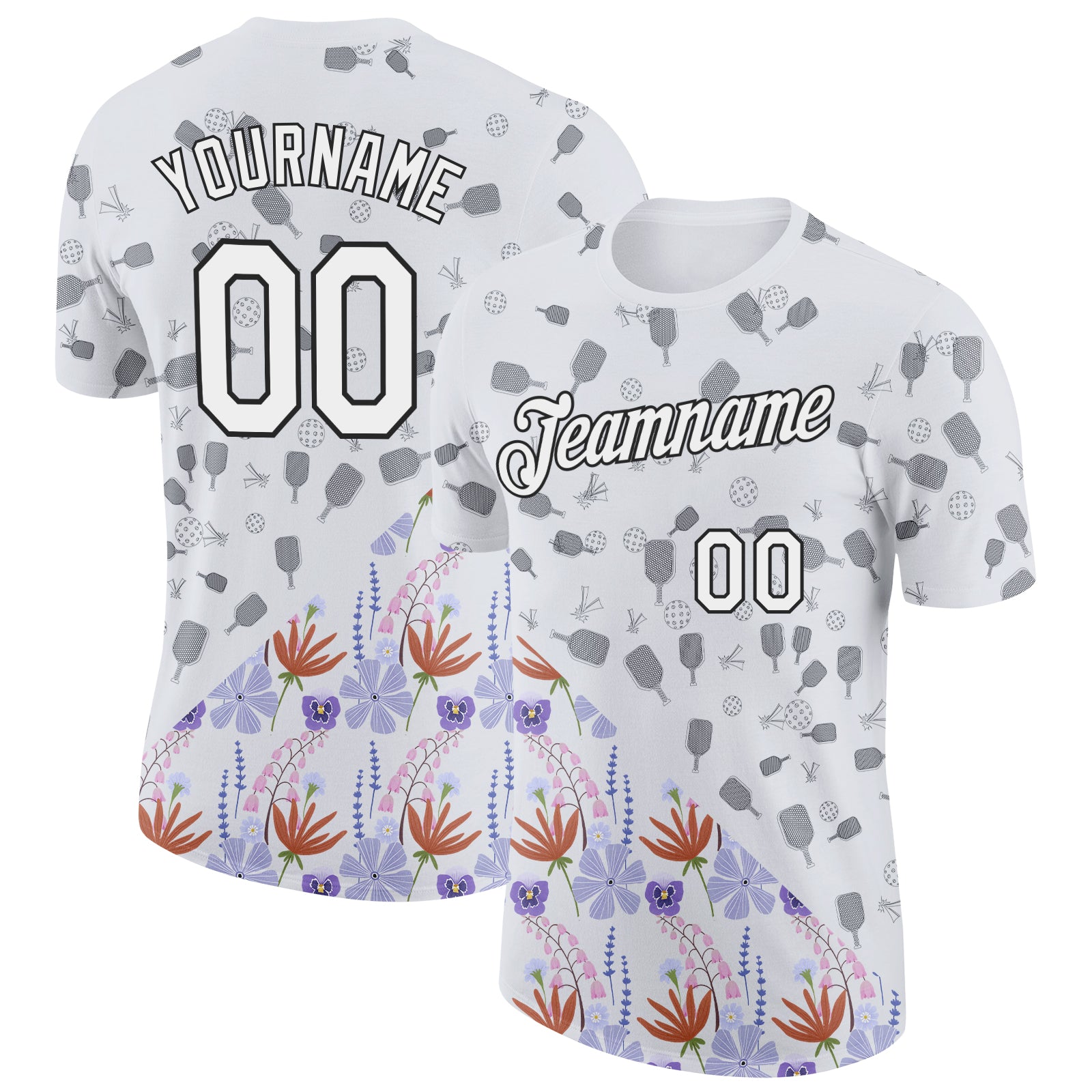 Custom White Black 3D Pickleball Paddles Balls Floral Performance T-Shirt