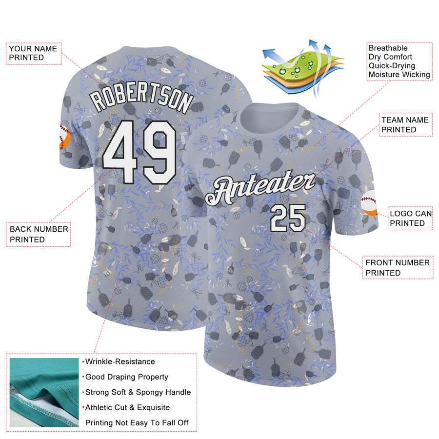 Custom Gray White-Black 3D Pickleball Paddles Balls Floral Performance T-Shirt