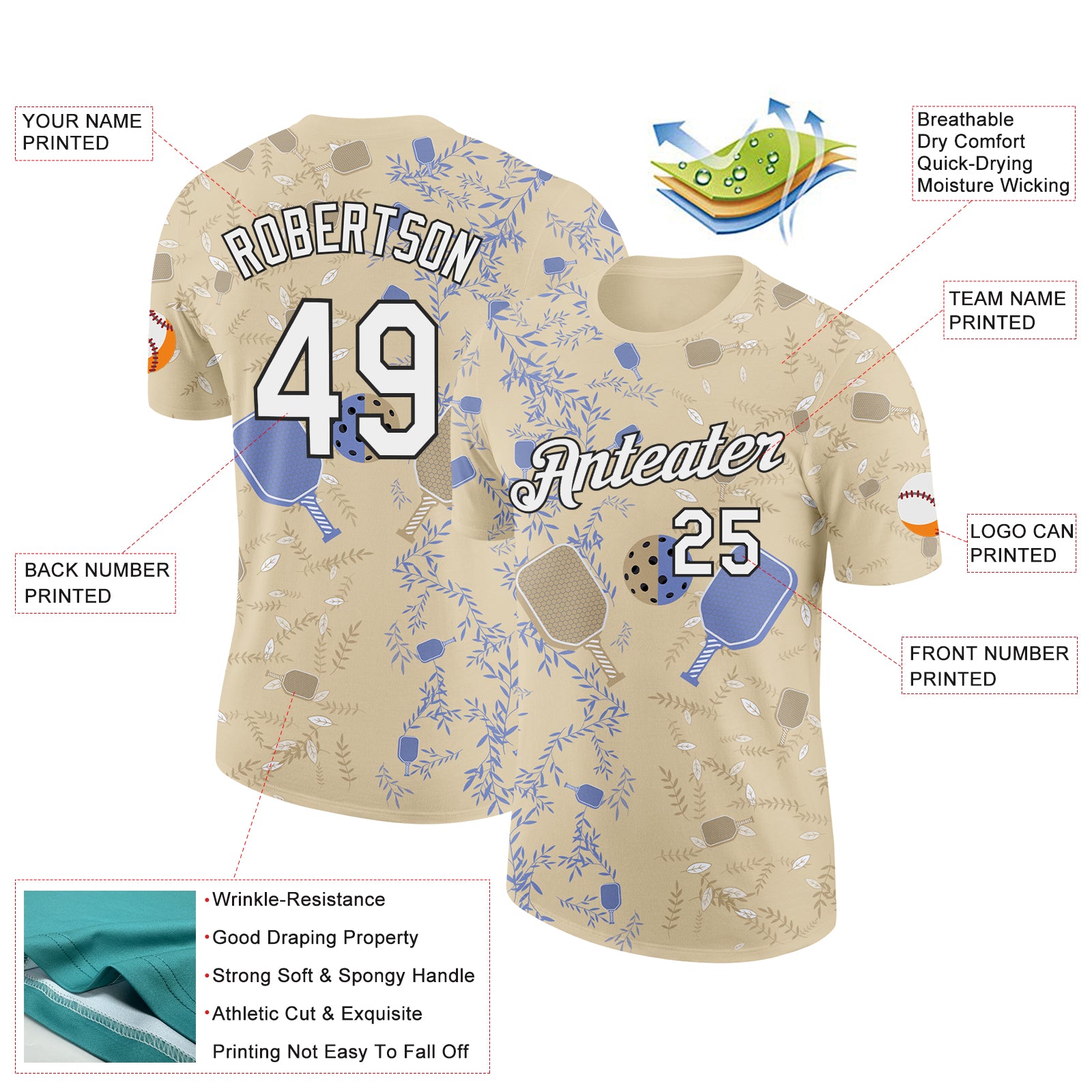 Custom Cream White-Black 3D Pickleball Paddles Balls Floral Performance T-Shirt