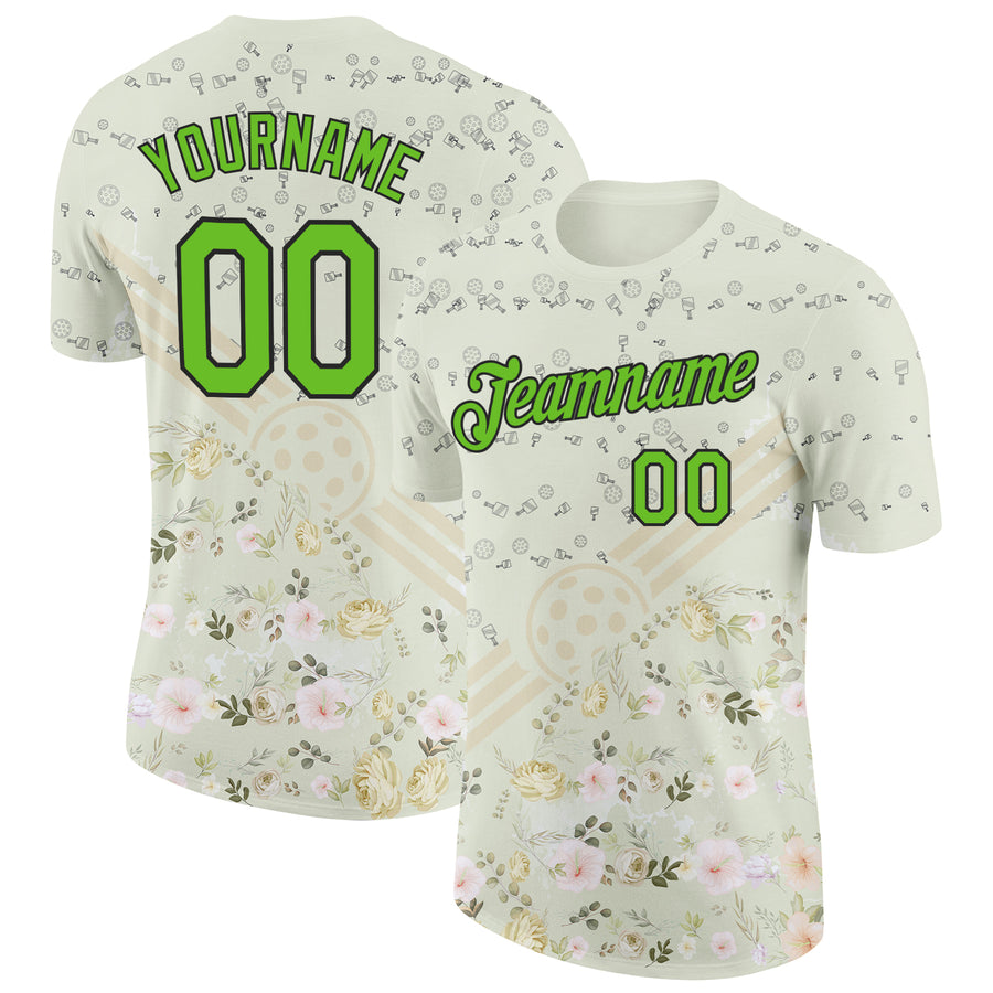 Custom Cream Aurora Green-Black 3D Pickleball Paddles Balls Floral Performance T-Shirt