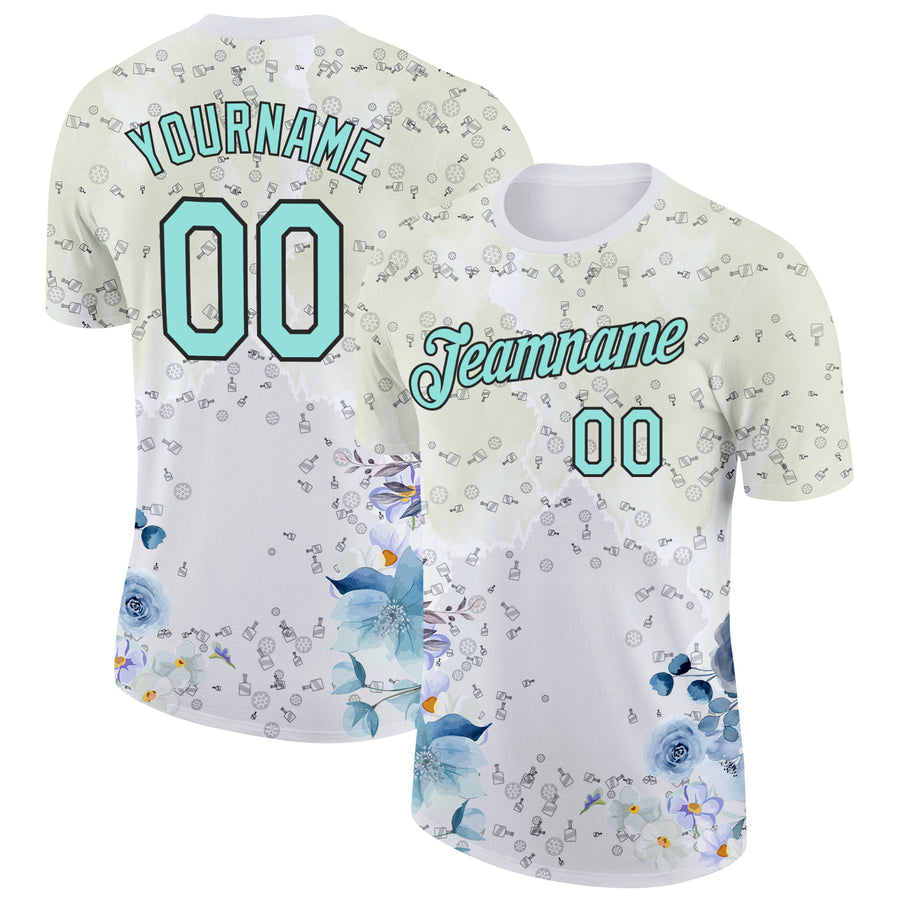 Custom White Ice Blue-Black 3D Pickleball Paddles Balls Floral Performance T-Shirt
