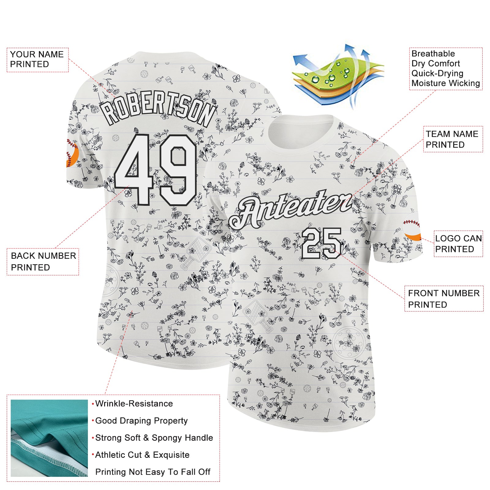 Custom Cream White-Black 3D Pickleball Paddles Balls Floral Performance T-Shirt