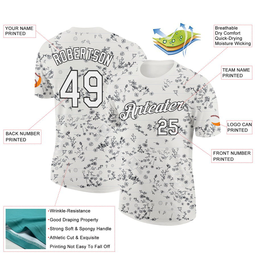 Custom Cream White-Black 3D Pickleball Paddles Balls Floral Performance T-Shirt